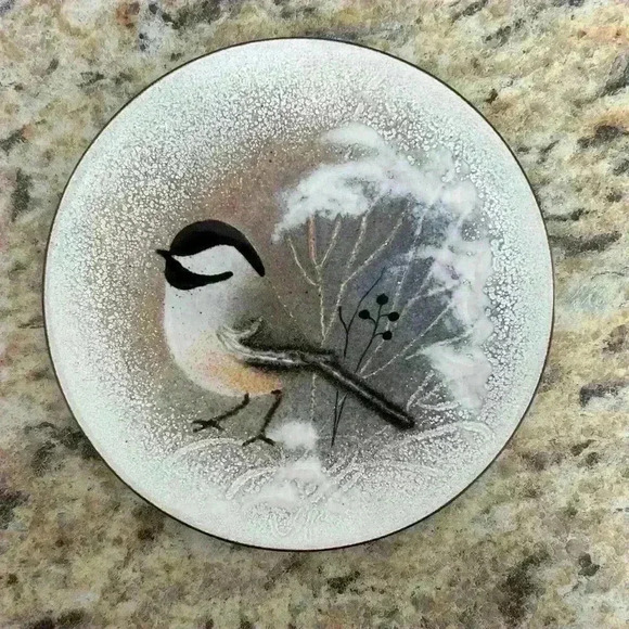 Norman Brumm Enamel On Copper Chickadee Bird Small Plate 4.75” Signed Vintage - Picture 1 of 4